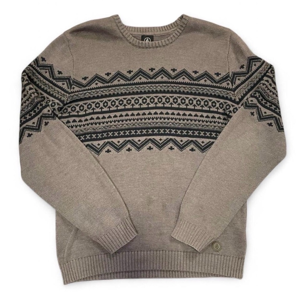 Volcom Men's Fair Isle Pattern Knit Crewneck Sweater Brown